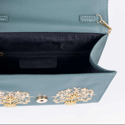 Teal Embellished Clutch with Floral Embroidery & Gold Chain