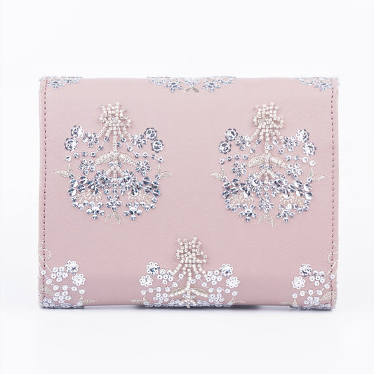 Lilac Embellished Clutch Bag with Floral Embroidery & Gold Chain