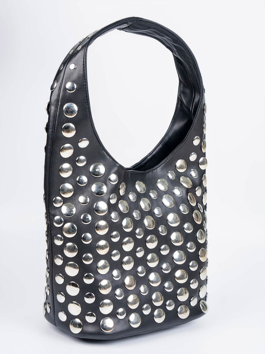 Black Studded Hobo Tote Bag for Women