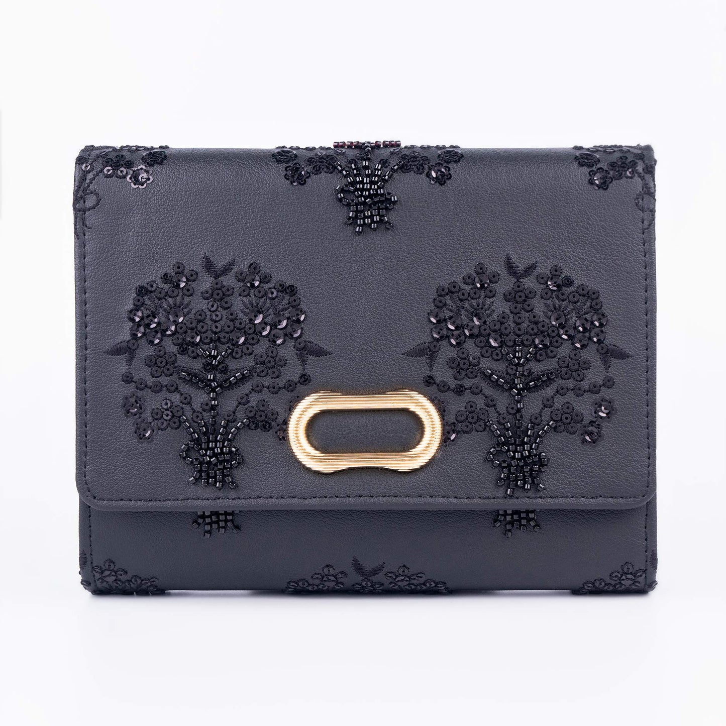Black Embellished Clutch with Floral Embroidery Sequin Detail