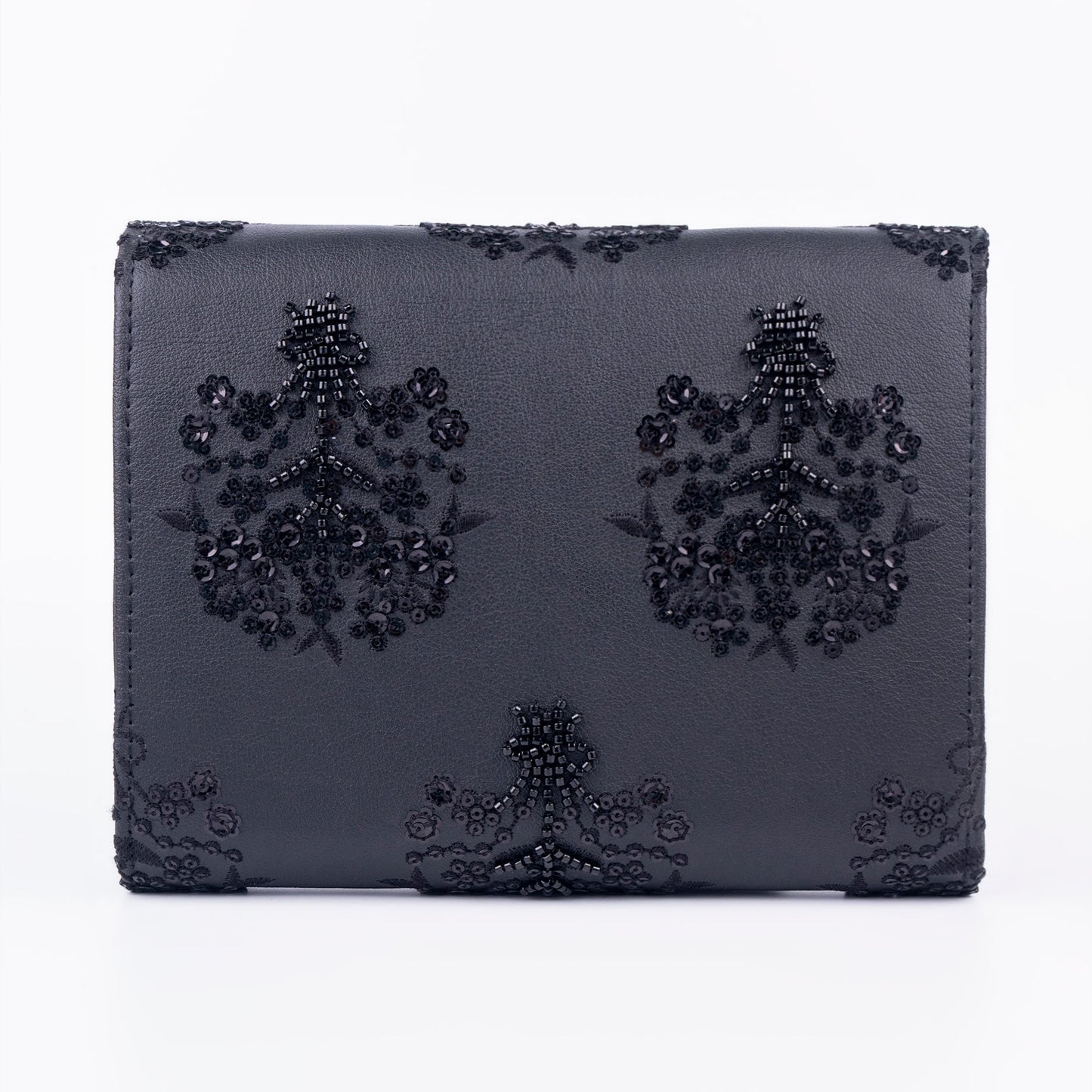 Black Embellished Clutch with Floral Embroidery Sequin Detail