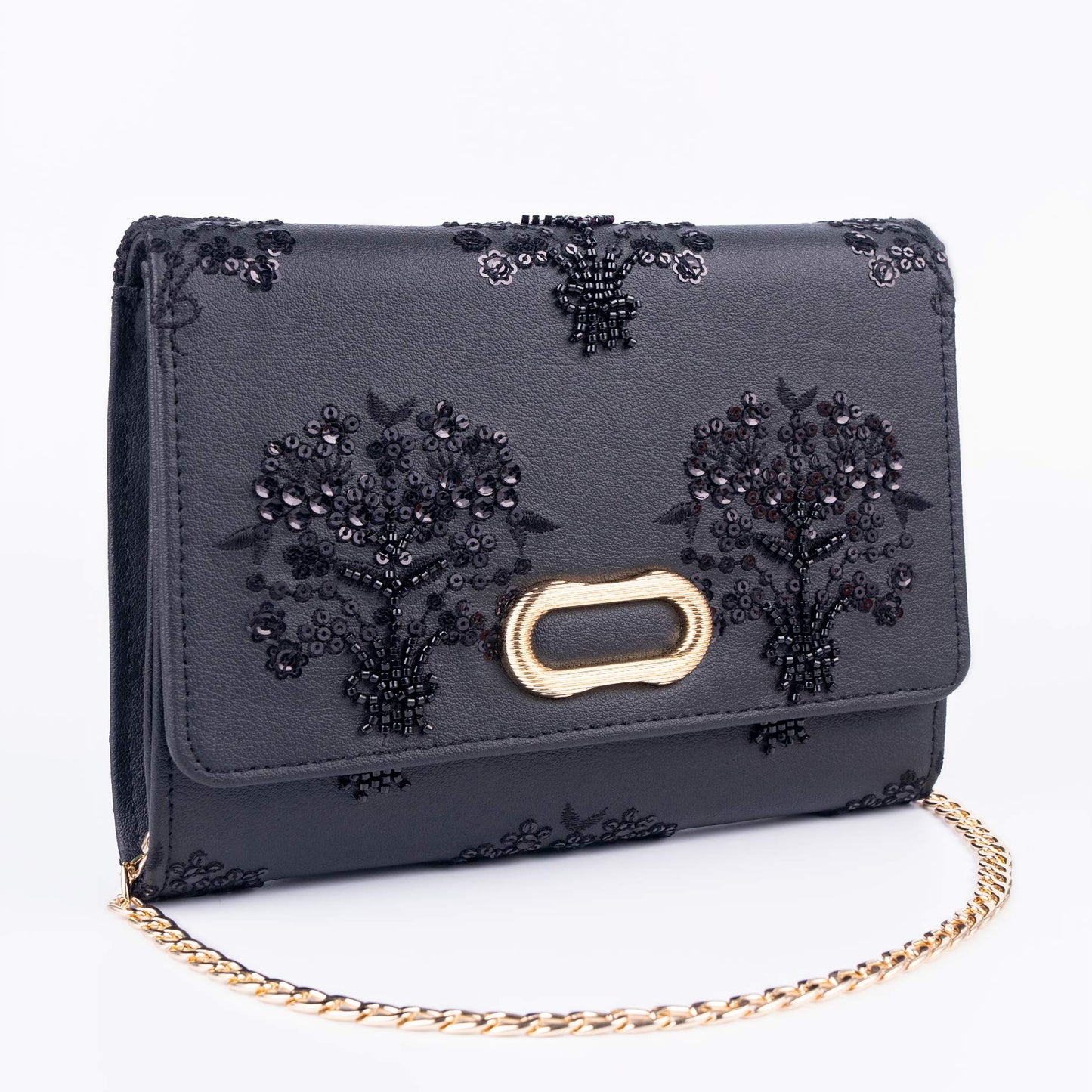 Black Embellished Clutch with Floral Embroidery Sequin Detail