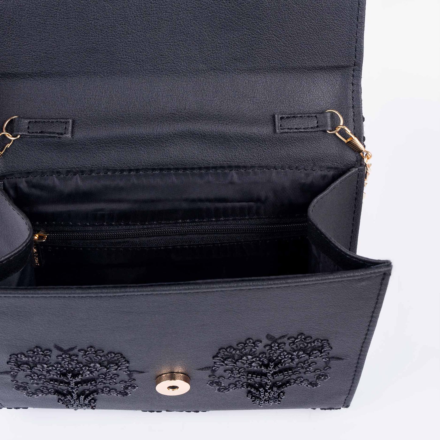 Black Embellished Clutch with Floral Embroidery Sequin Detail