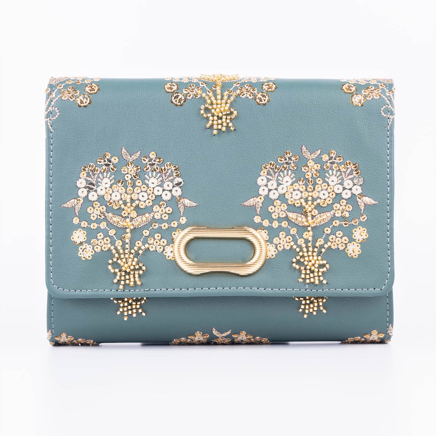 Teal Embellished Clutch with Floral Embroidery & Gold Chain