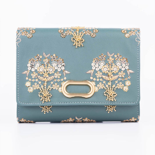 Teal Embellished Clutch with Floral Embroidery & Gold Chain