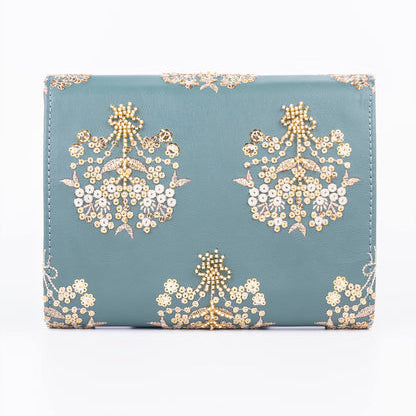 Teal Embellished Clutch with Floral Embroidery & Gold Chain