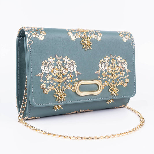 Teal Embellished Clutch with Floral Embroidery & Gold Chain
