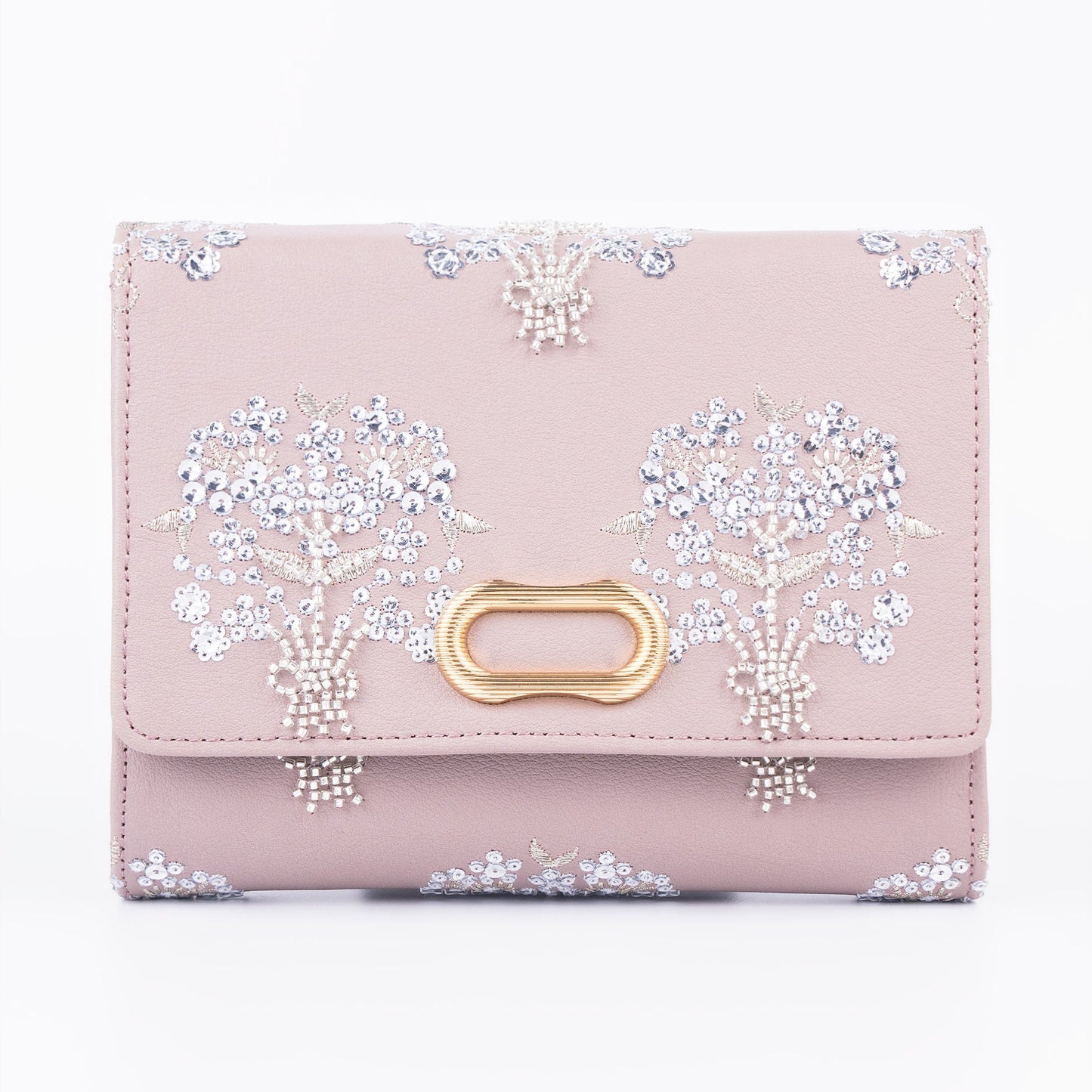 Lilac Embellished Clutch Bag with Floral Embroidery & Gold Chain
