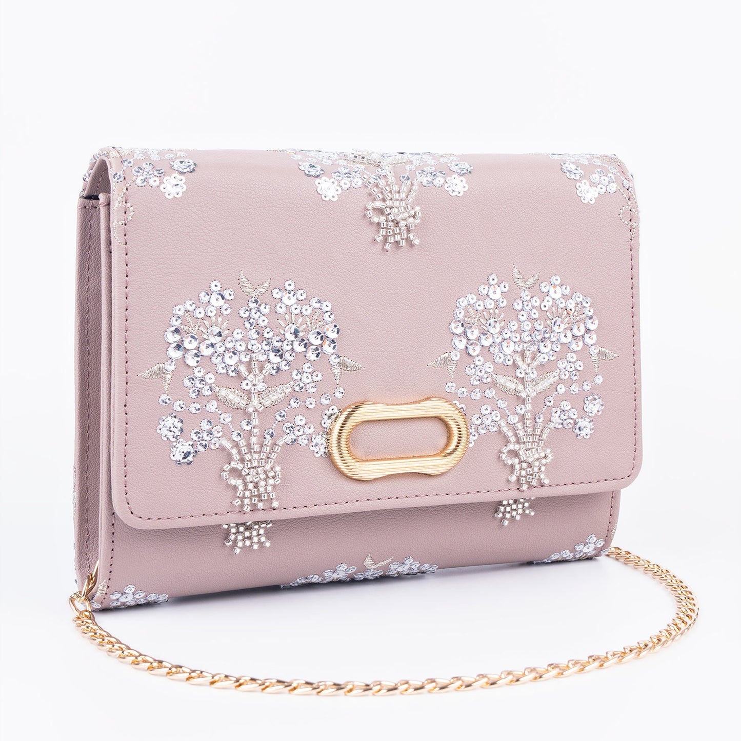 Lilac Embellished Clutch Bag with Floral Embroidery & Gold Chain