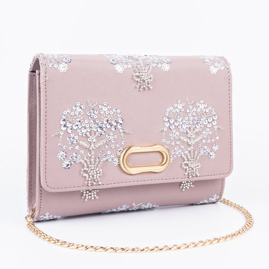 Lilac Embellished Clutch Bag with Floral Embroidery & Gold Chain