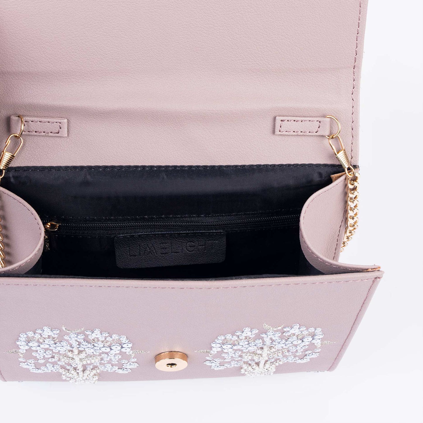 Lilac Embellished Clutch Bag with Floral Embroidery & Gold Chain